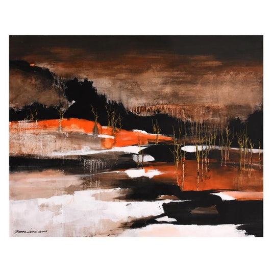 Thomas Leung, "Grisaille Tree Valley" Original Acrylic Painting on Canvas, Hand Signed with Letter of Authenticity.