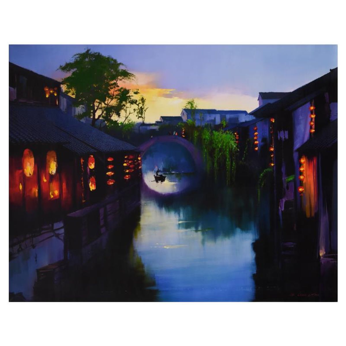 H. Leung, "Ancient Village Sunset" Hand Embellished Limited Edition on Canvas, Numbered 11/100 and Hand Signed with Letter of Authenticity.
