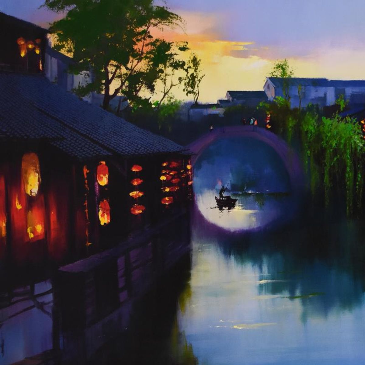 H. Leung, "Ancient Village Sunset" Hand Embellished Limited Edition on Canvas, Numbered 11/100 and Hand Signed with Letter of Authenticity.