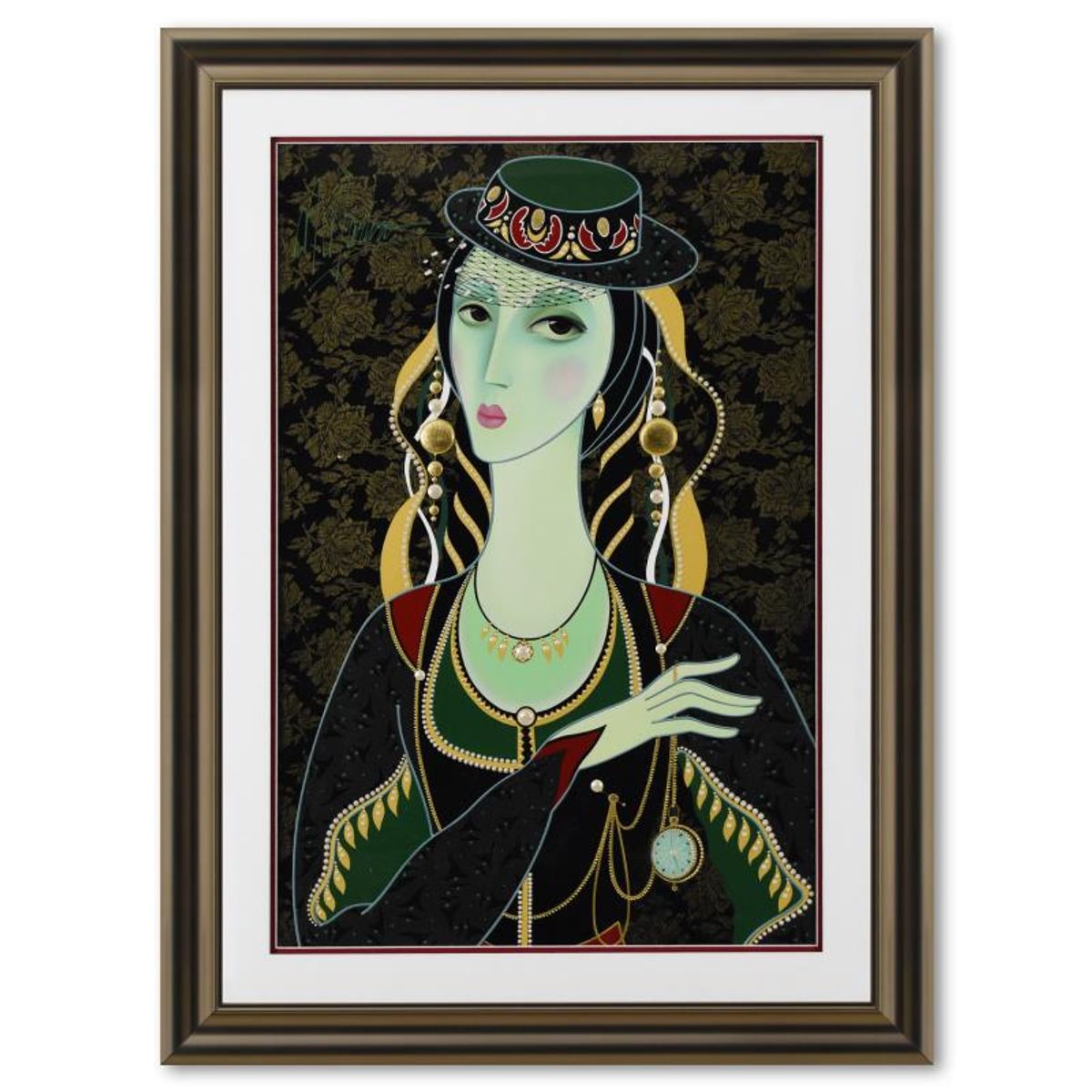 Martiros Manoukian, "Royal Pose (Green)" Framed Limited Edition Mixed Media Silkscreen, Numbered and Hand Signed with Letter of Authenticity.