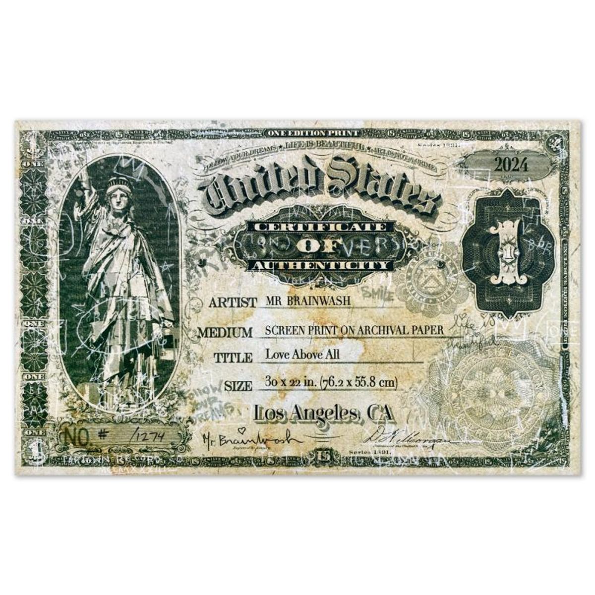 Mr Brainwash, "Love Above All, 2024" Framed Limited Edition Silkscreen, Numbered and Hand Signed with Certificate of Authenticity.