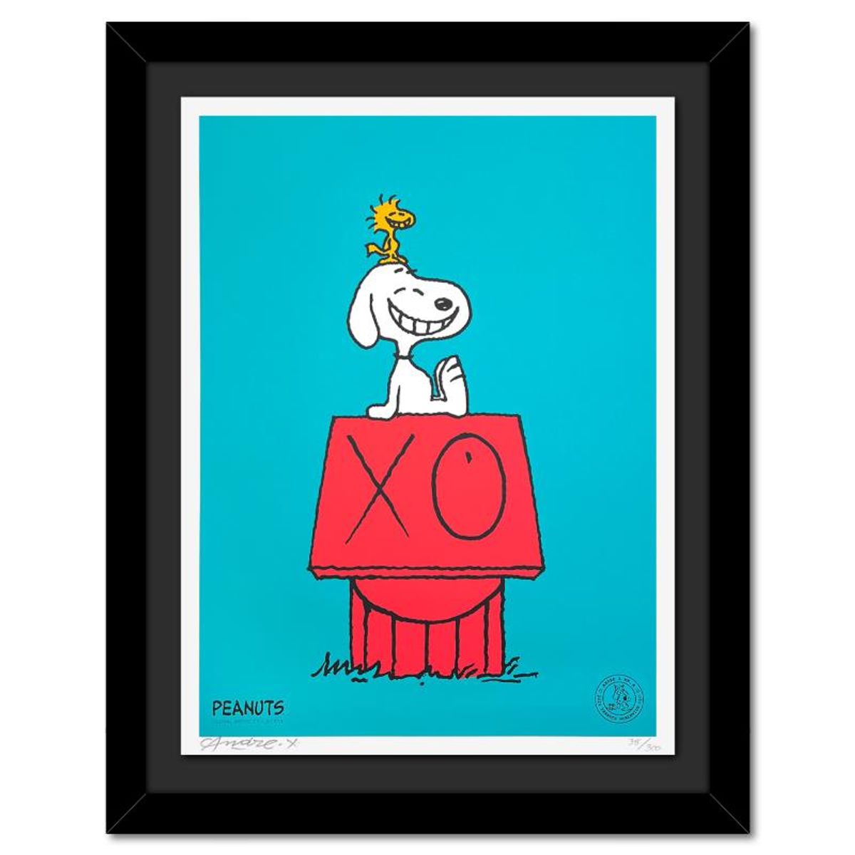 Mr. Andre (Andre Saraiva), "Snoopy & Woodstock on Red House (Blue)" Framed Limited Edition Silkscreen, Numbered and Hand Signed with Certificate of Authenticity.