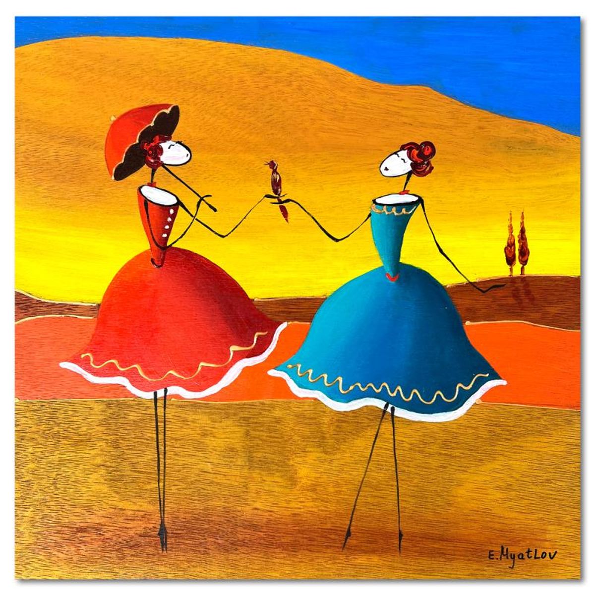 Ester Myatlov Hand Signed Original Painting on Wood Panel with Letter of Authenticity.