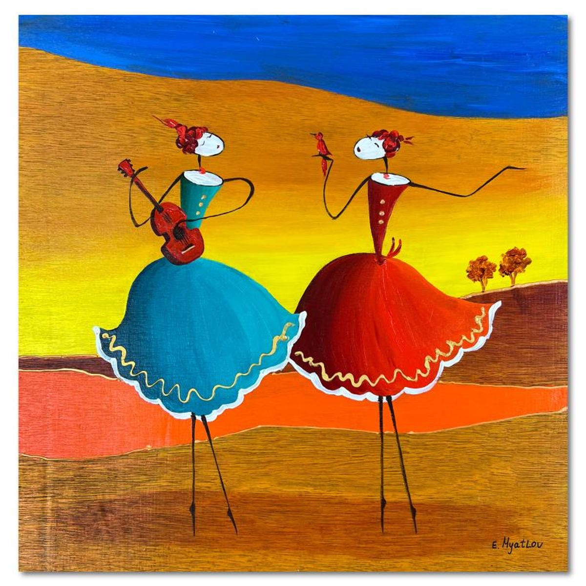 Ester Myatlov Hand Signed Original Painting on Wood Panel with Letter of Authenticity.