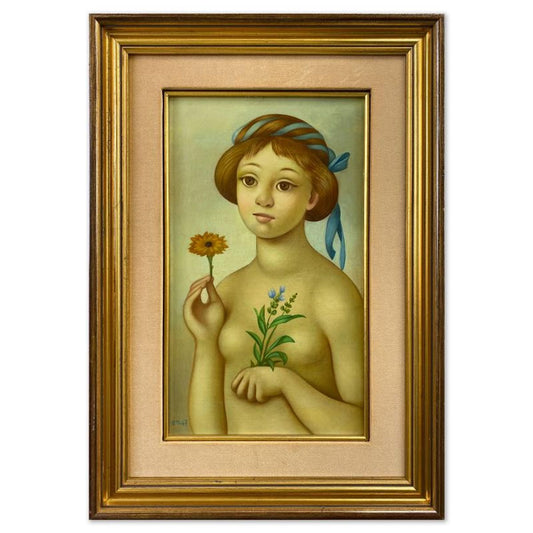 Philippe Noyer (1917-1985), "Girl Posing with Flower" Framed Original Oil Painting on Canvas, Dated (1947) Hand Signed with Letter of Authenticity.