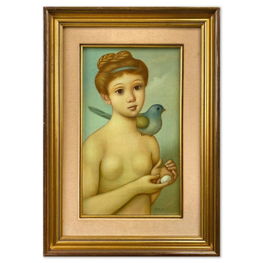 Philippe Noyer (1917-1985), "Girl Posing with Bird" Framed Original Oil Painting on Canvas, Dated (1947) Hand Signed with Letter of Authenticity.