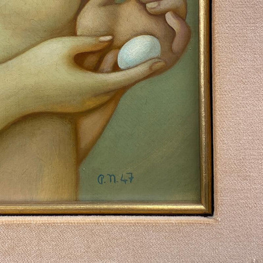 Philippe Noyer (1917-1985), "Girl Posing with Bird" Framed Original Oil Painting on Canvas, Dated (1947) Hand Signed with Letter of Authenticity.