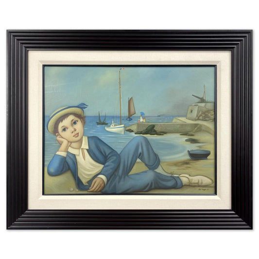 Philippe Noyer (1917-1985), "Boy Reclining at the Harbor" Framed Original Oil Painting on Canvas, Dated (1951) Hand Signed with Letter of Authenticity.