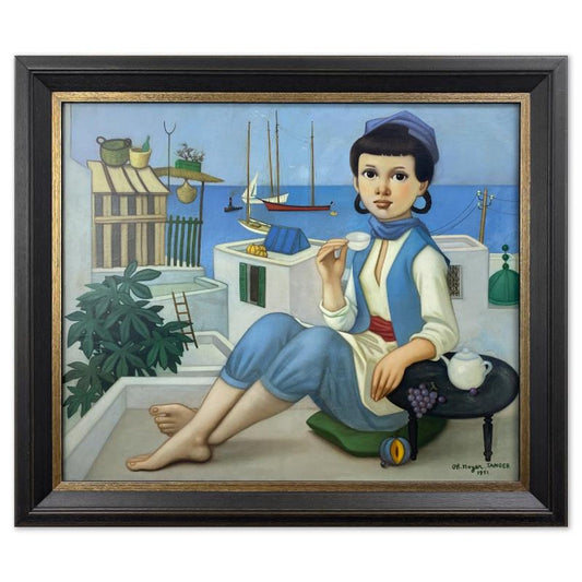 Philippe Noyer (1917-1985), "A Girl Taking Tea" Framed Original Oil Painting on Canvas, Dated (1951) Hand Signed with Letter of Authenticity.