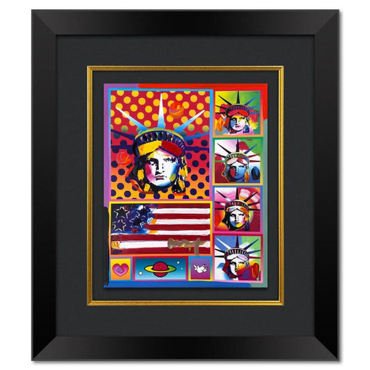 Peter Max, "5 Liberty and Flag" Framed One-of-a-Kind Acrylic Mixed Media, Hand Signed with Registration Number Certifying Authenticity