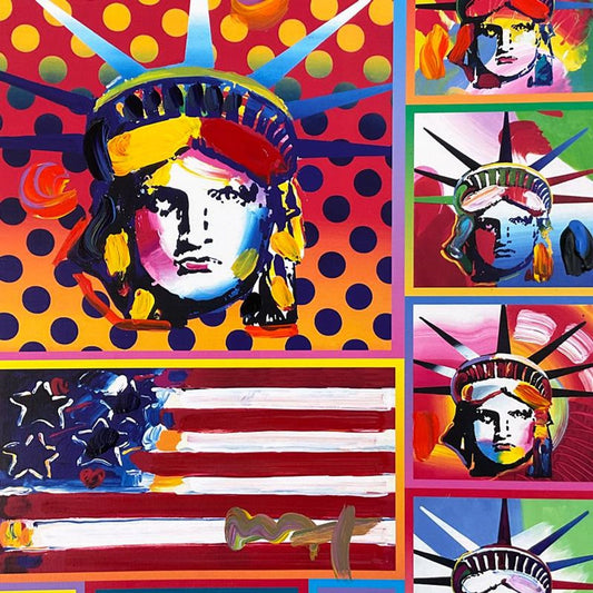 Peter Max, "5 Liberty and Flag" Framed One-of-a-Kind Acrylic Mixed Media, Hand Signed with Registration Number Certifying Authenticity