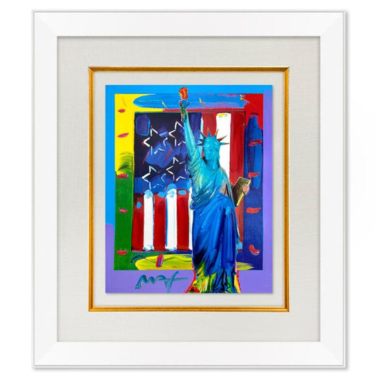 Peter Max, "Full Liberty with Flag" Framed One-of-a-Kind Mixed Media, Hand Signed with Registration Number Certifying Authenticity.