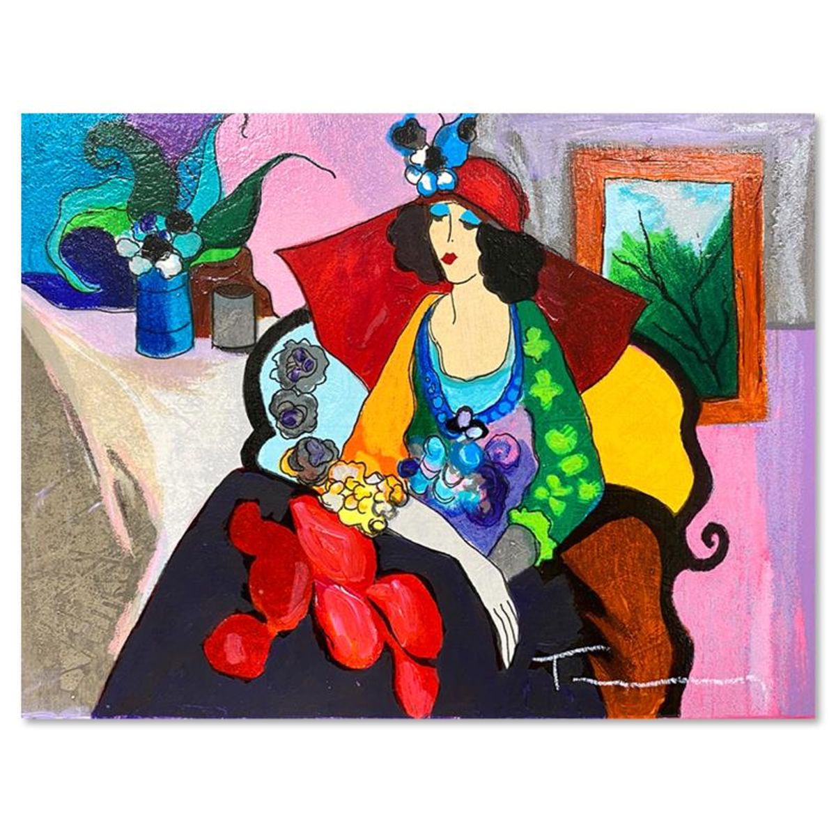 Itzchak Tarkay (1935-2012), "Red Hat" One-of-a-Kind Mixed Media Over Paint on Wood, Hand Signed with Letter of Authenticity