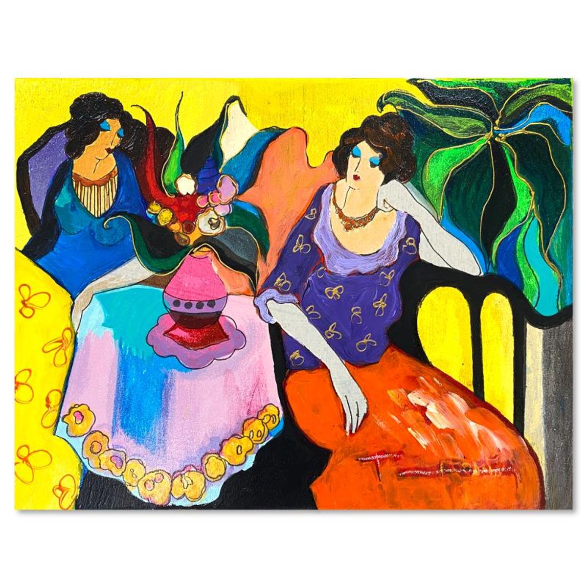 Itzchak Tarkay (1935-2012), "Tranquility" One-of-a-Kind Mixed Media Over Paint on Wood, Hand Signed with Letter of Authenticity