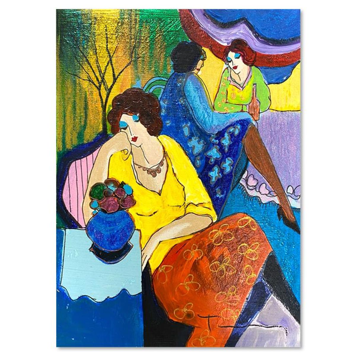 Itzchak Tarkay (1935-2012), "Quiet Afternoon" One-of-a-Kind Mixed Media Over Paint on Wood, Hand Signed with Letter of Authenticity