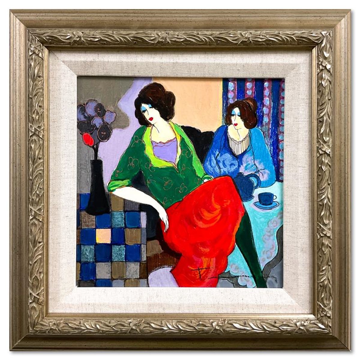 Itzchak Tarkay (1935-2012), "Sisters" Framed One-of-a-Kind Mixed Media Over Paint on Wood, Hand Signed with Letter of Authenticity