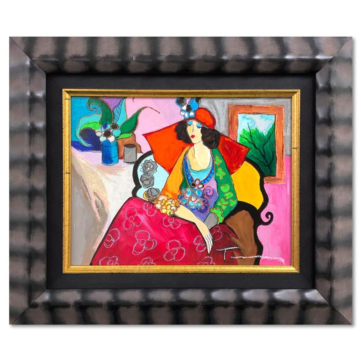 Itzchak Tarkay (1935-2012), "Red Hat" Framed One-of-a-Kind Mixed Media Over Paint on Wood, Hand Signed with Letter of Authenticity