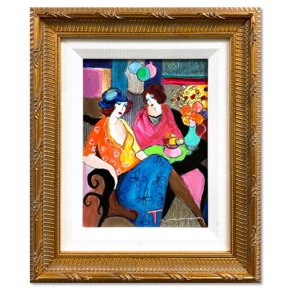 Itzchak Tarkay (1935-2012), "Chit Chat" Framed One-of-a-Kind Mixed Media Over Paint on Wood, Hand Signed with Letter of Authenticity