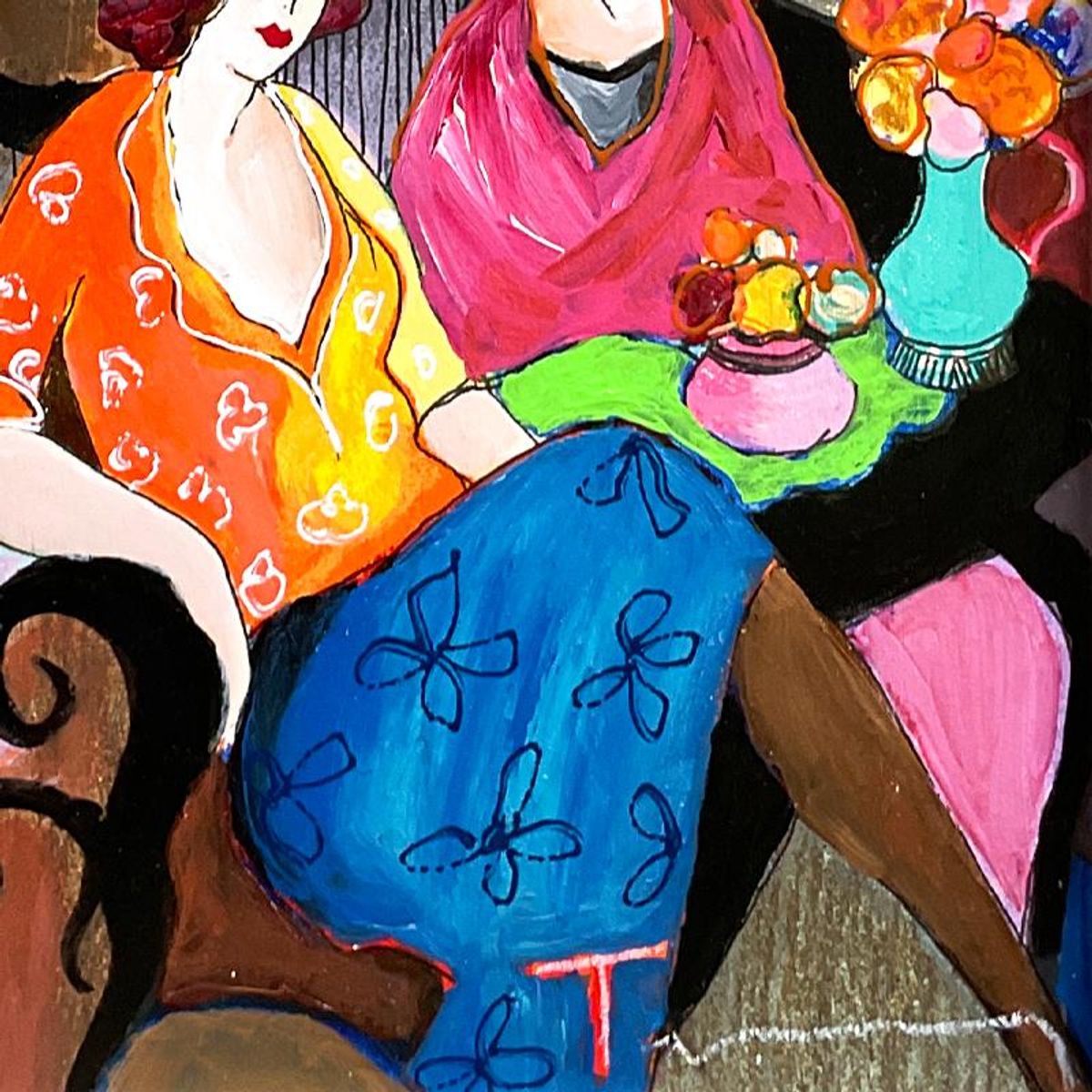 Itzchak Tarkay (1935-2012), "Chit Chat" Framed One-of-a-Kind Mixed Media Over Paint on Wood, Hand Signed with Letter of Authenticity