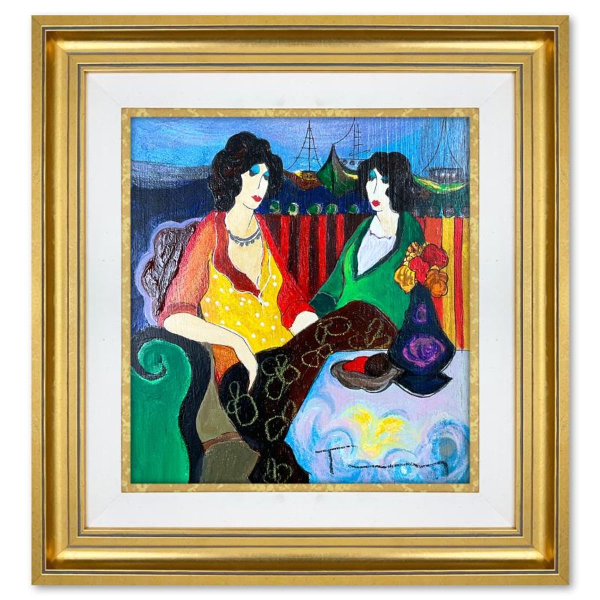 Itzchak Tarkay (1935-2012), "At the Port" Framed One-of-a-Kind Mixed Media Over Paint on Wood, Hand Signed with Letter of Authenticity