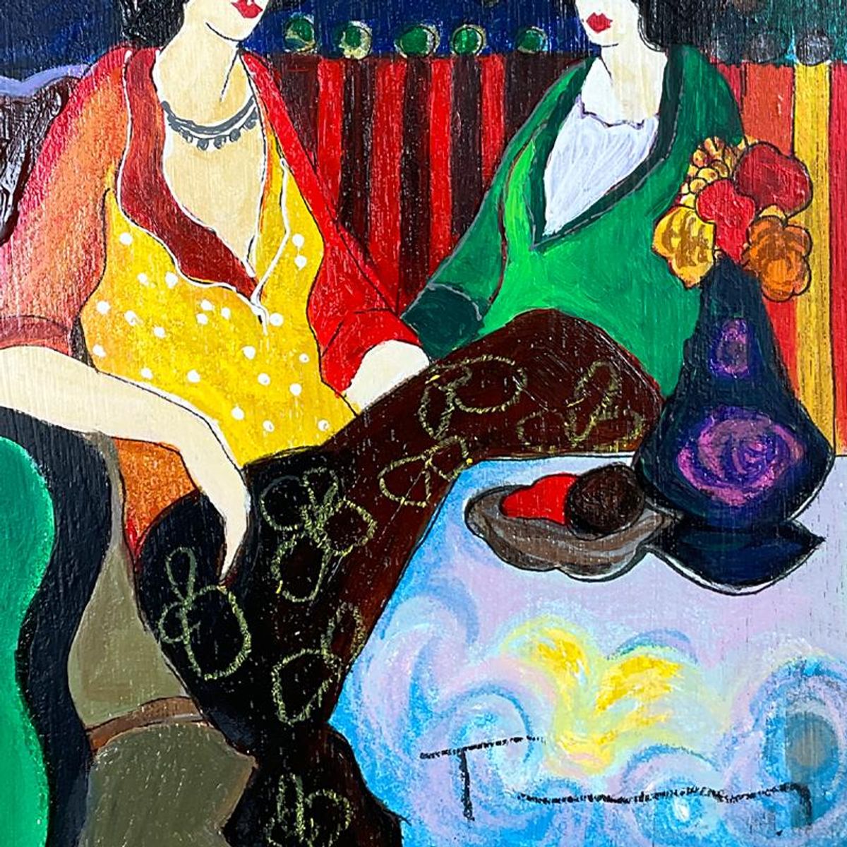 Itzchak Tarkay (1935-2012), "At the Port" Framed One-of-a-Kind Mixed Media Over Paint on Wood, Hand Signed with Letter of Authenticity