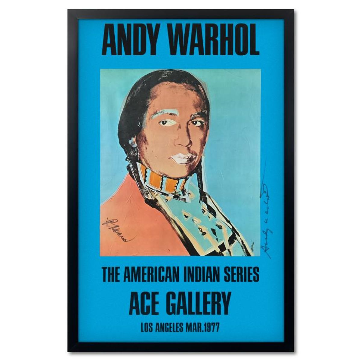 Andy Warhol (1928-1987), "The American Indian Series (Blue)" Framed Vintage Poster (51" x 33") from Ace Gallery (1977), Hand Signed by Warhol and & Russell Means (1939-2012) with Letter of Au