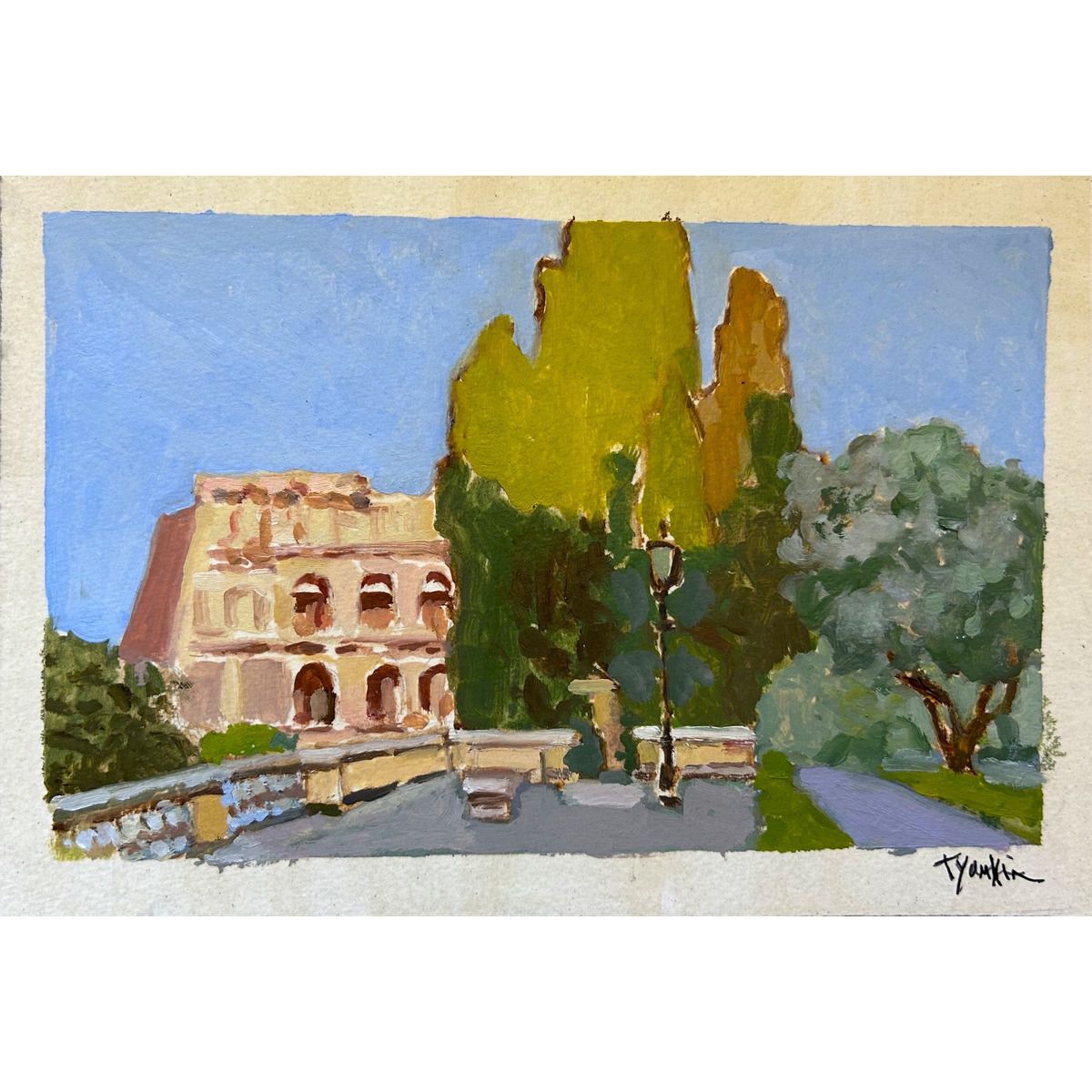 Boris Tyomkin- Original Oil on Shellacked paper "View of the Colosseum, Rome"