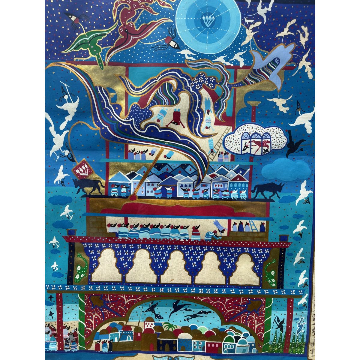 Raphael Abecassis- Original gouache painting on parchment "Tower of Babel"