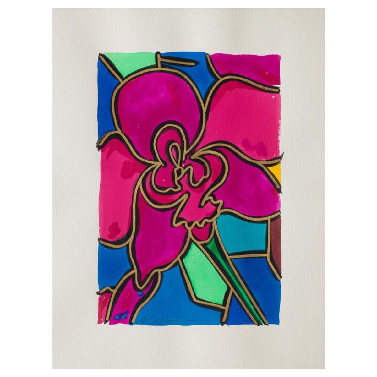 Alex Echo, "Flower Gouache" Hand Signed Original Painting with Letter of Authenticity.