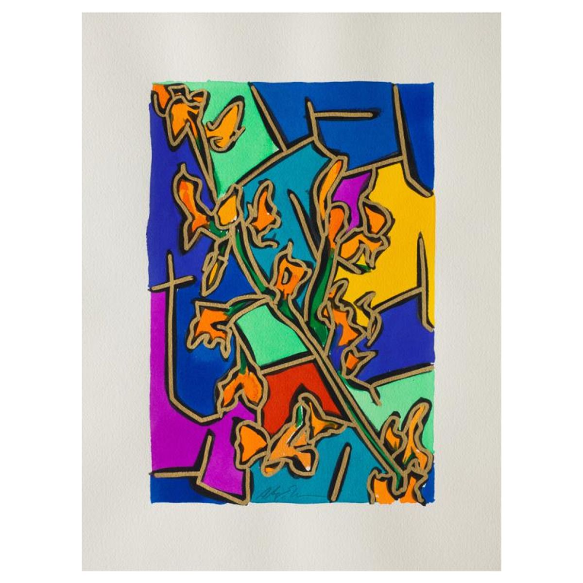 Alex Echo, "Flower Gouache" Hand Signed Original Painting with Letter of Authenticity.