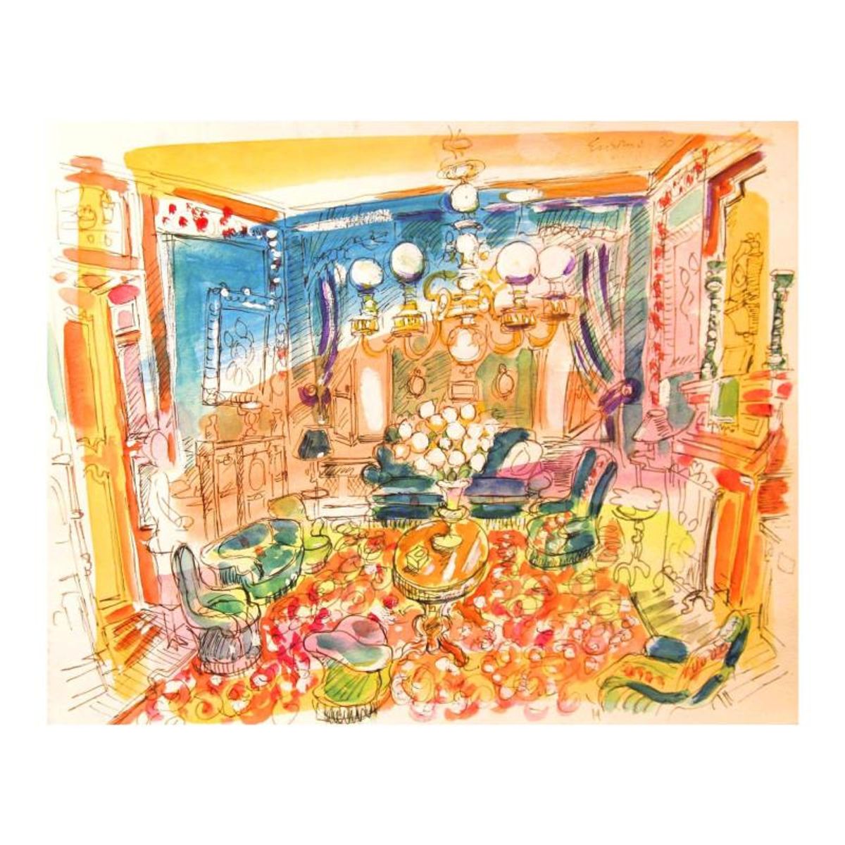 Wayne Ensrud "Salon Verte of Chateau Lafite-Rothschild" Mixed Media Original Artwork; Hand Signed; COA