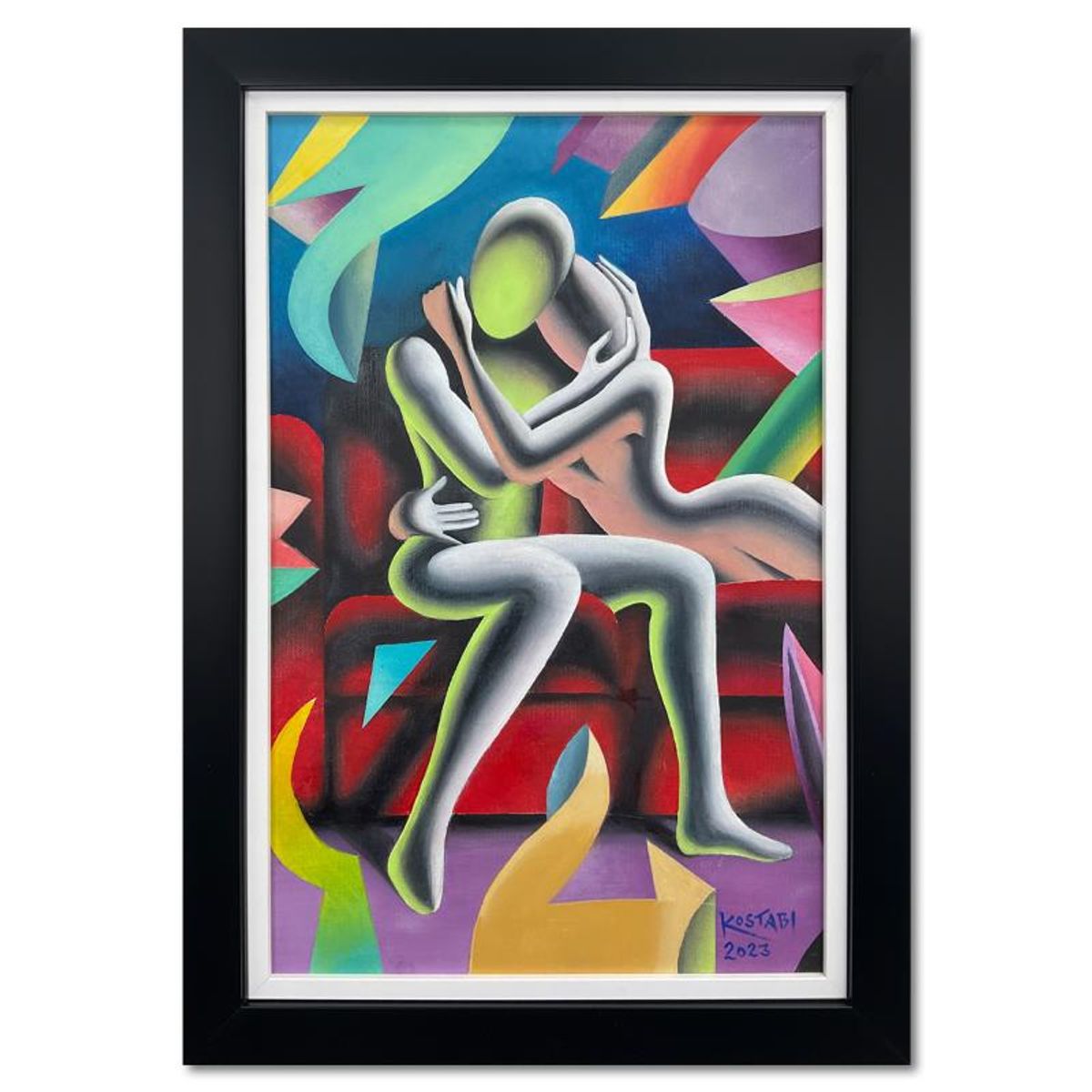 Mark Kostabi, "Kaleidoscopic Intimacy" Framed Original Oil Painting on Canvas, Hand Signed with Letter of Authenticity