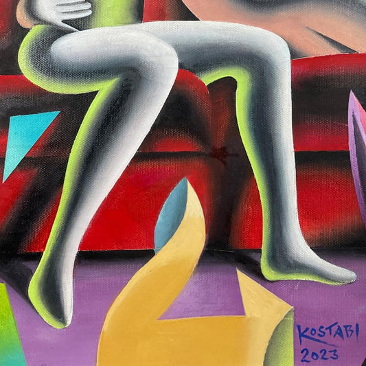 Mark Kostabi, "Kaleidoscopic Intimacy" Framed Original Oil Painting on Canvas, Hand Signed with Letter of Authenticity