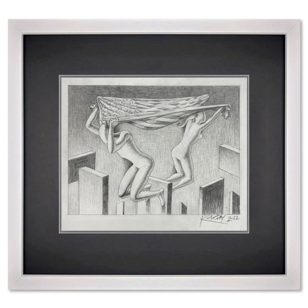 Mark Kostabi, "Just Between Us" Framed Original Drawing on Paper, Hand Signed with Certificate of Authenticity