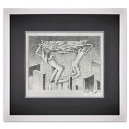 Mark Kostabi, "Just Between Us" Framed Original Drawing on Paper, Hand Signed with Certificate of Authenticity