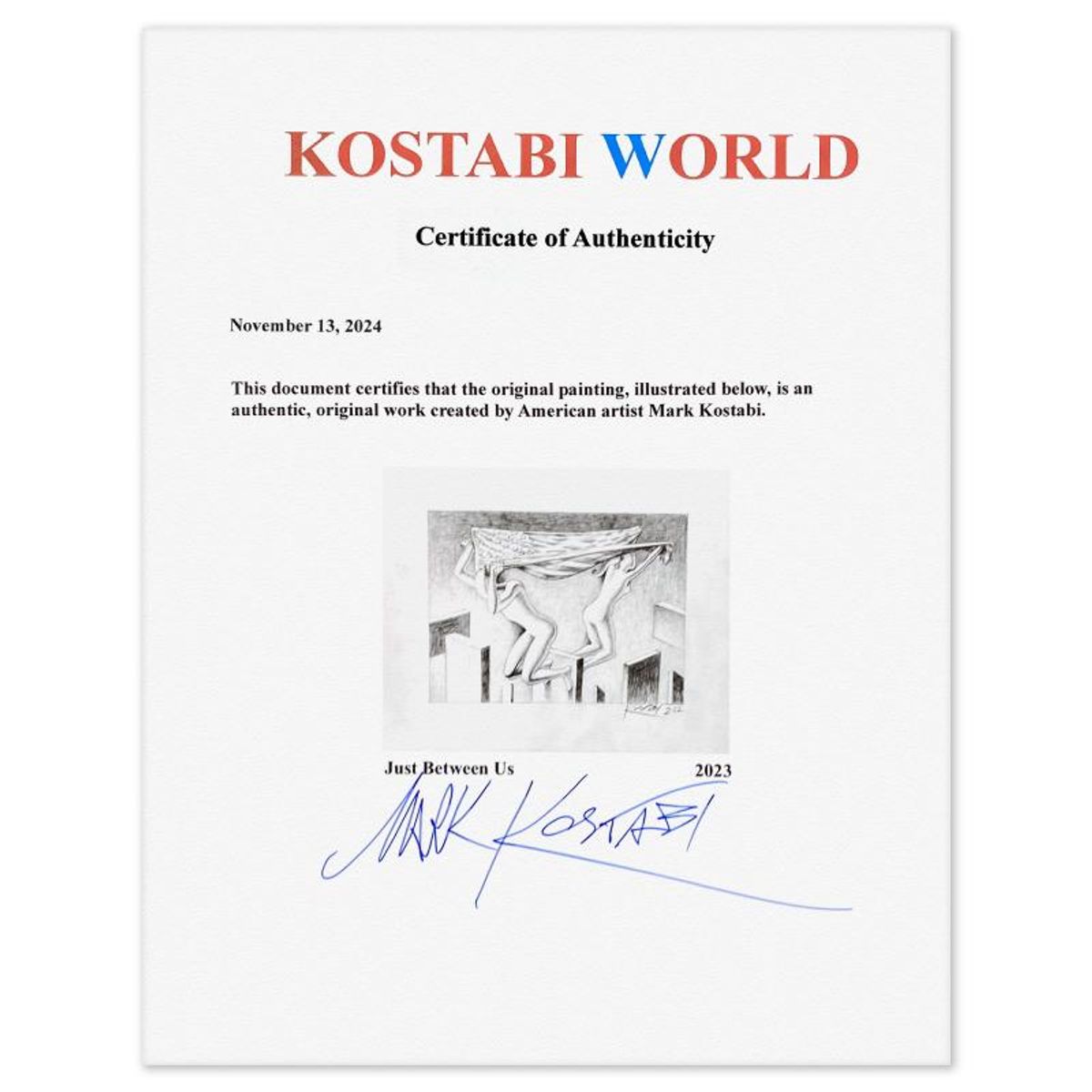 Mark Kostabi, "Just Between Us" Framed Original Drawing on Paper, Hand Signed with Certificate of Authenticity