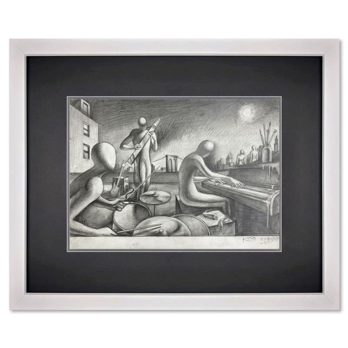 Mark Kostabi, "Take it To the Bridge" Framed Original Drawing on Paper, Hand Signed with Certificate of Authenticity