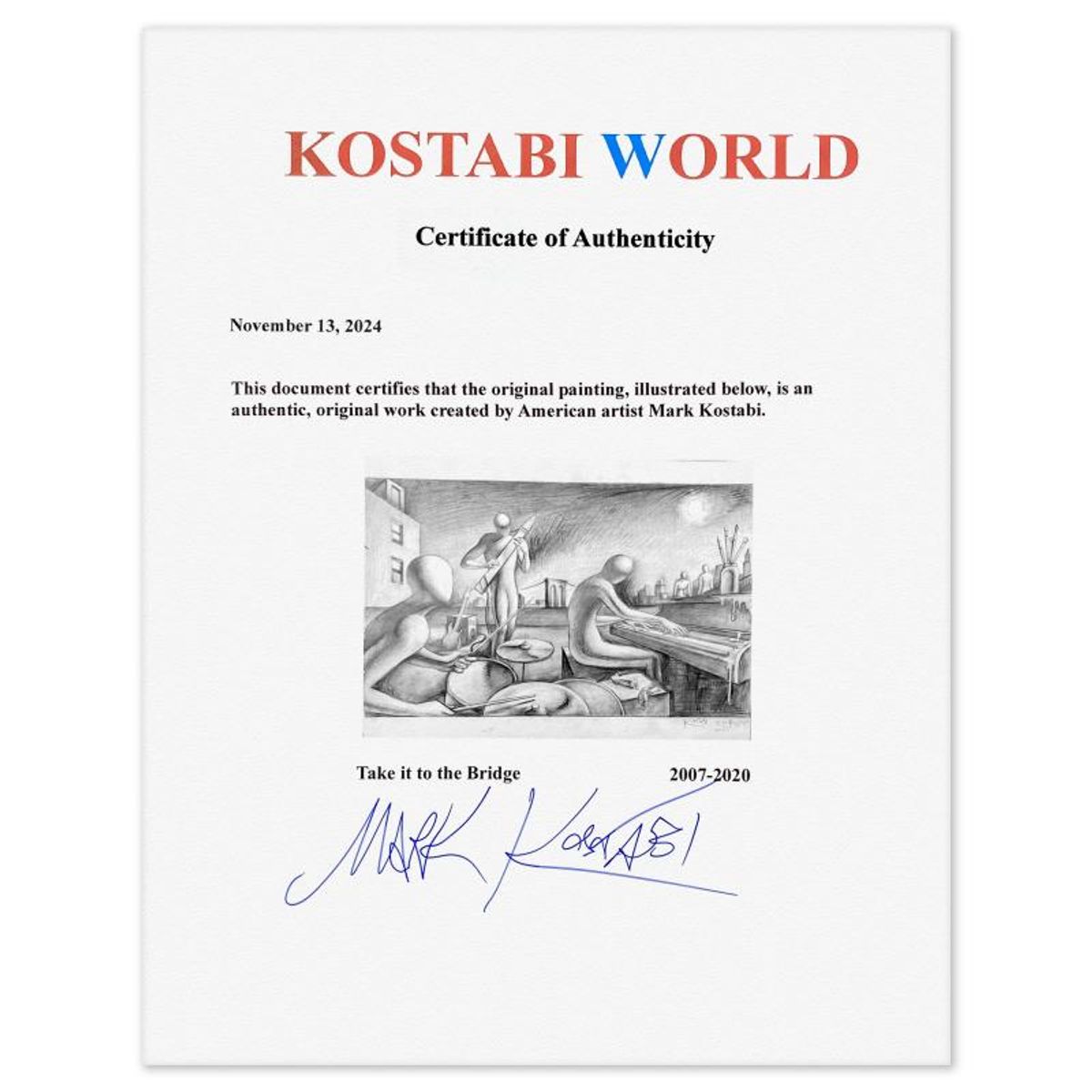 Mark Kostabi, "Take it To the Bridge" Framed Original Drawing on Paper, Hand Signed with Certificate of Authenticity