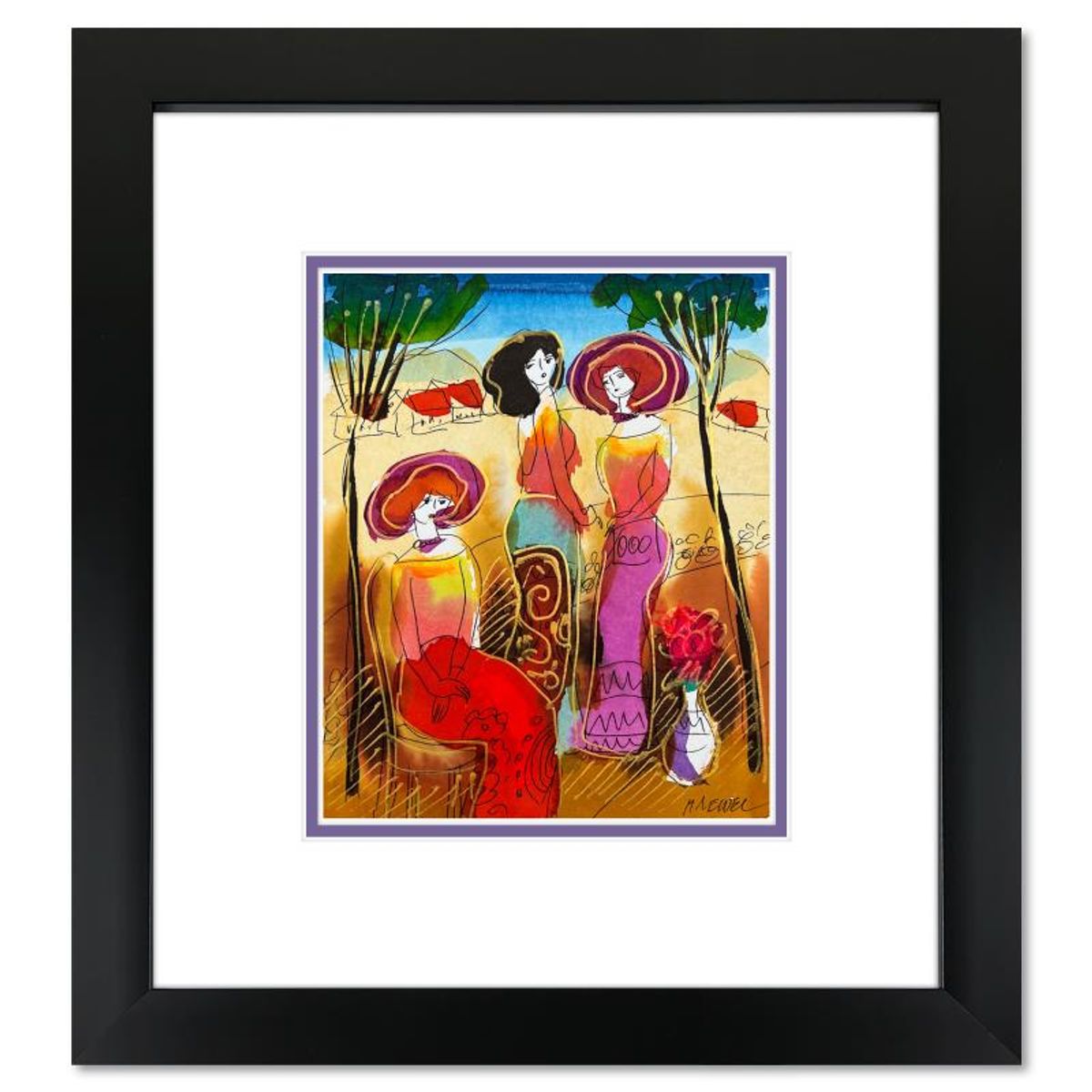Moshe Leider, Framed Original Mixed Media Watercolor Painting, Hand Signed with Letter of Authenticity.