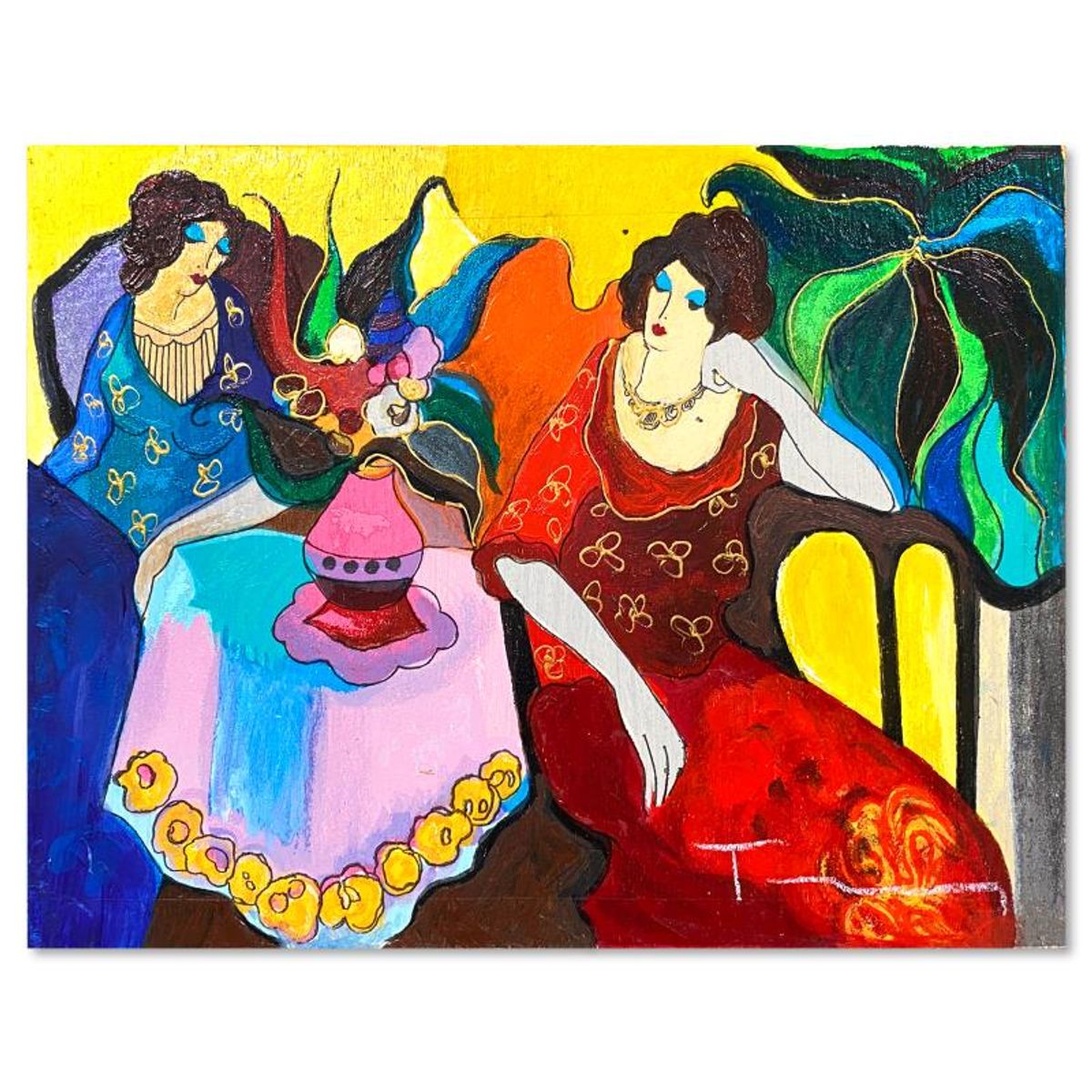 Itzchak Tarkay (1935-2012), "Tranquility" One-of-a-Kind Mixed Media Over Paint on Wood, Hand Signed with Letter of Authenticity