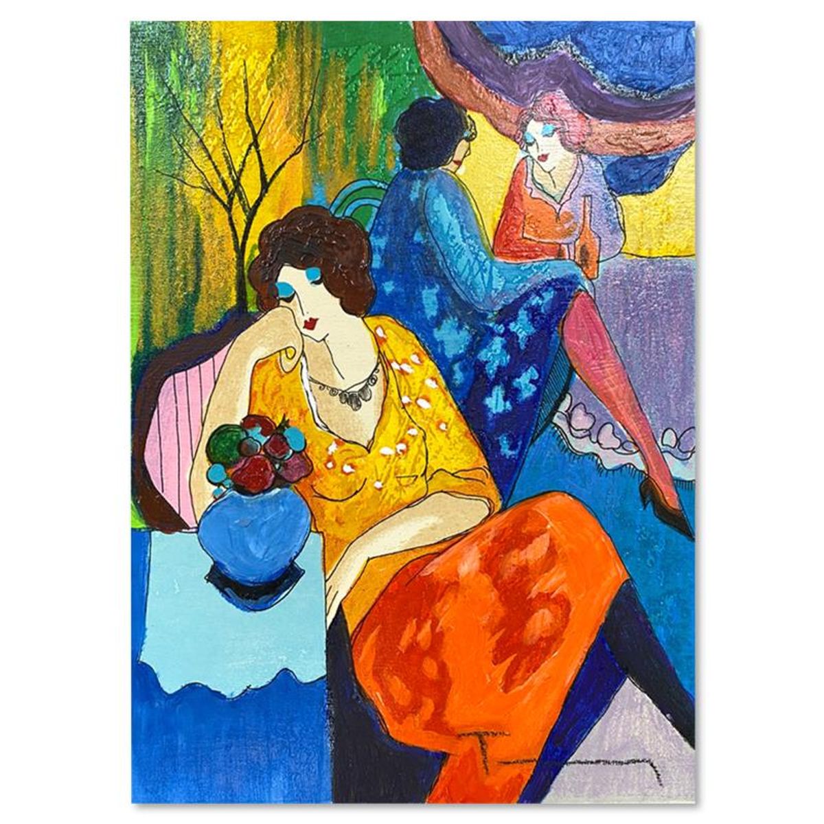 Itzchak Tarkay (1935-2012), "Quiet Afternoon" One-of-a-Kind Mixed Media Over Paint on Wood, Hand Signed with Letter of Authenticity