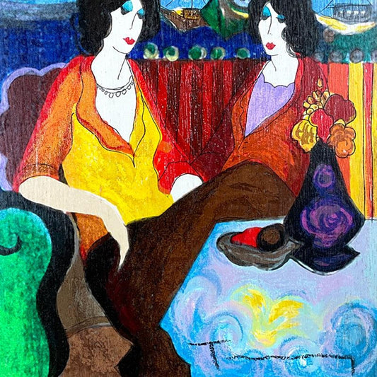 Itzchak Tarkay (1935-2012), "At the Port" Framed One-of-a-Kind Mixed Media Over Paint on Wood, Hand Signed with Letter of Authenticity