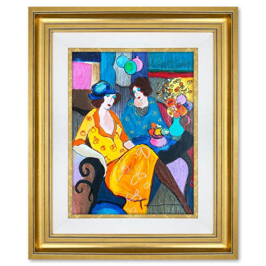 Itzchak Tarkay (1935-2012), "Chit Chat" Framed One-of-a-Kind Mixed Media Over Paint on Wood, Hand Signed with Letter of Authenticity