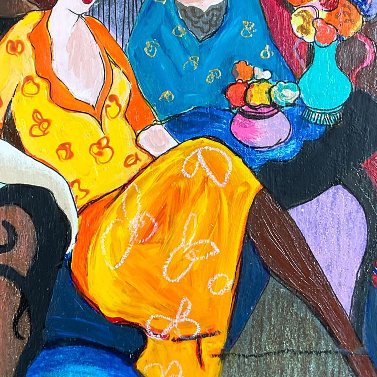 Itzchak Tarkay (1935-2012), "Chit Chat" Framed One-of-a-Kind Mixed Media Over Paint on Wood, Hand Signed with Letter of Authenticity