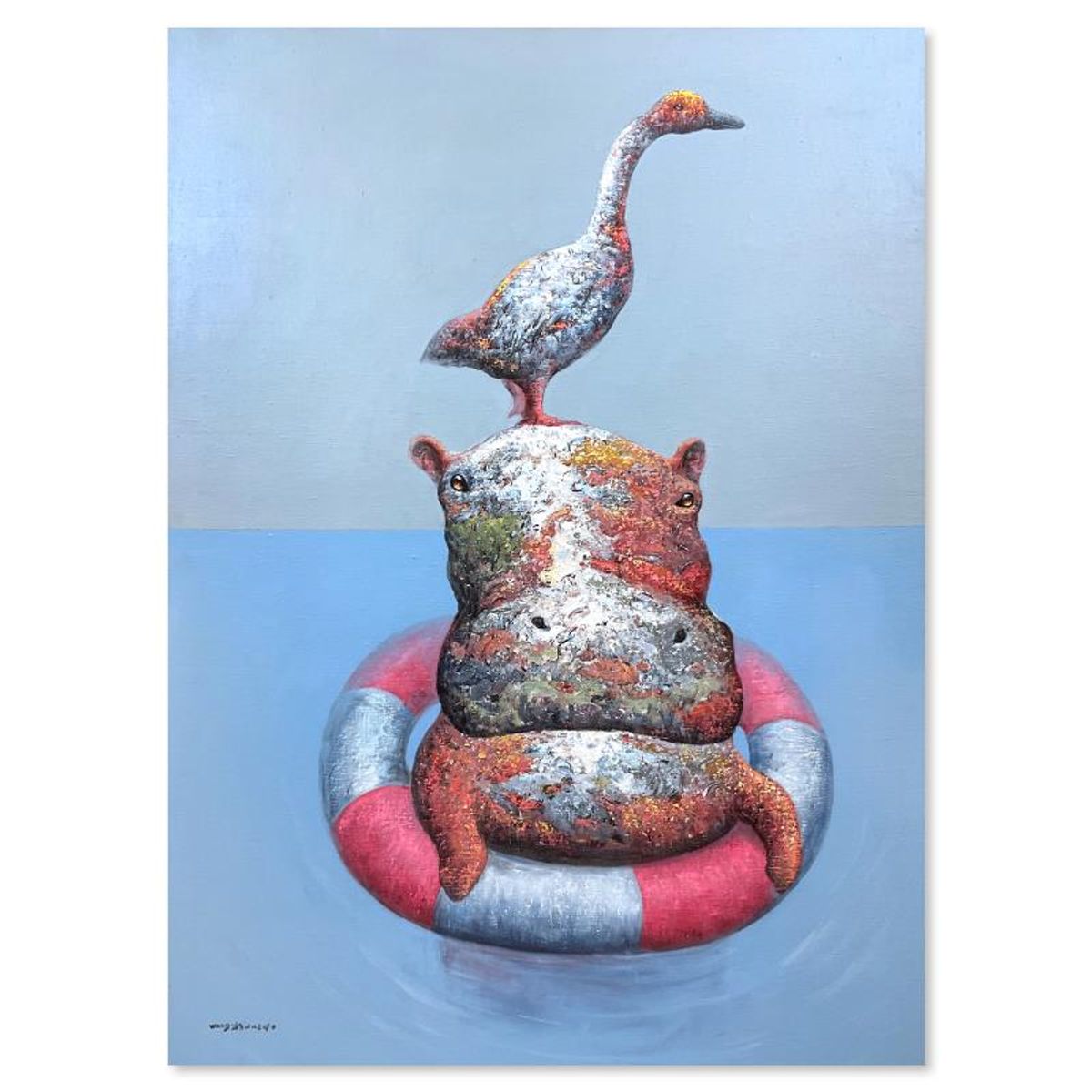 Wang, "Old Friends" Original Mixed Media Painting on Gallery Wrapped Canvas (59" x 43"), Hand Signed with Letter of Authenticity.