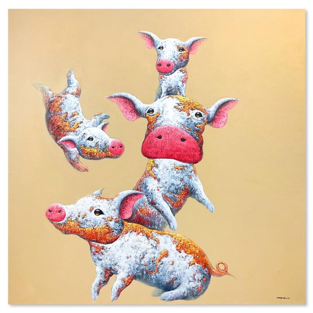 Wang, "Family Tumble" Original Mixed Media Painting on Gallery Wrapped Canvas (55" x 55"), Hand Signed with Letter of Authenticity.