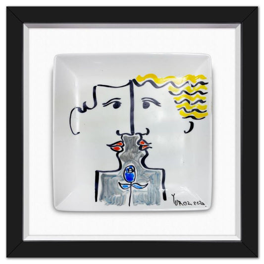 Yuroz, Framed Hand Painted Ceramic Plate, Hand Signed with Letter of Authenticity.