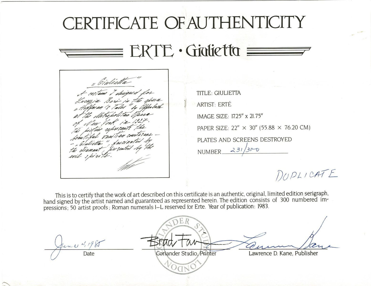 Erte- Serigraph "Giulietta"