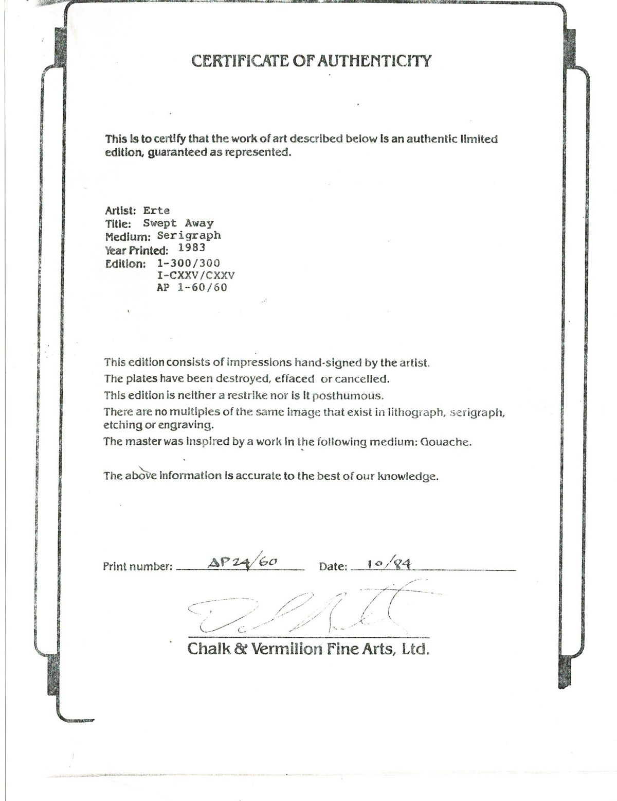 Erte- Serigraph "Swept Away"