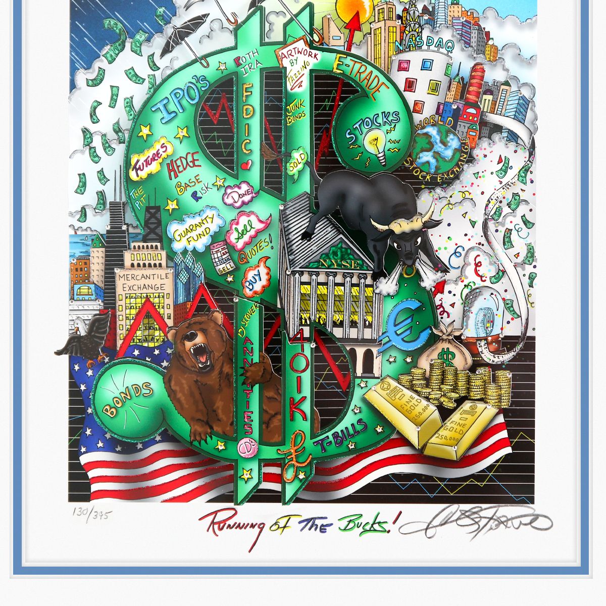 Charles Fazzino- 3D Construction Silkscreen Serigraph "Running of the Bucks"